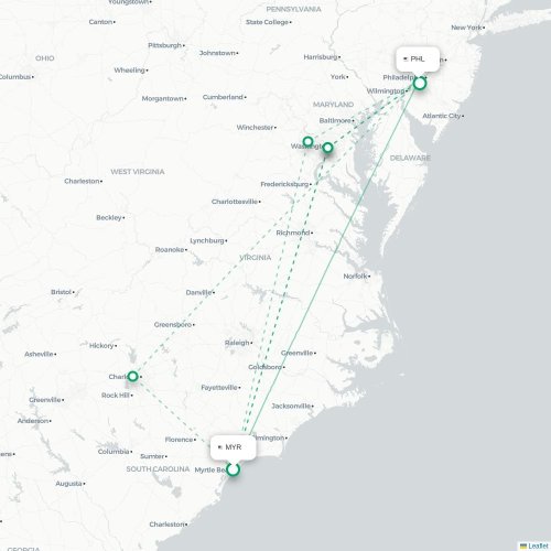 Mapa lotu bezpośredniego Myrtle Beach – Filadelfia