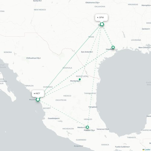 Mapa lotu bezpośredniego Mazatlán – Dallas