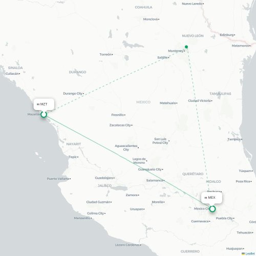 Mapa lotu bezpośredniego Mazatlán – Meksyk