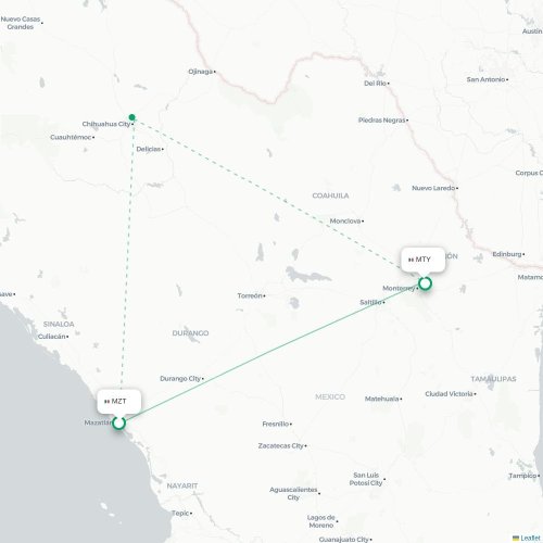 Mapa lotu bezpośredniego Mazatlán – Monterrey