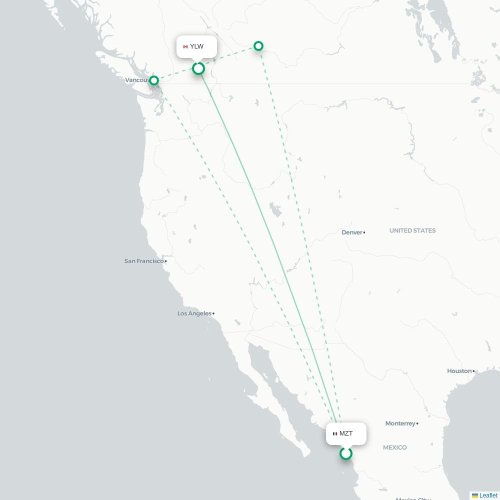 Mapa lotu bezpośredniego Mazatlán – Kelowna