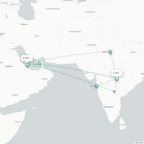 Mapa lotu bezpośredniego Nagpur – Ad-Dauha