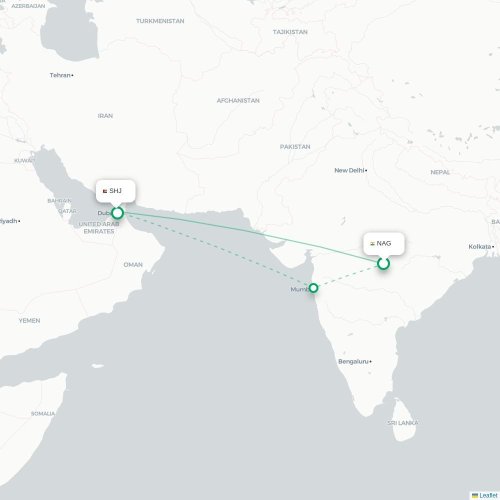 Nagpur - Sharjah kort over direkte fly