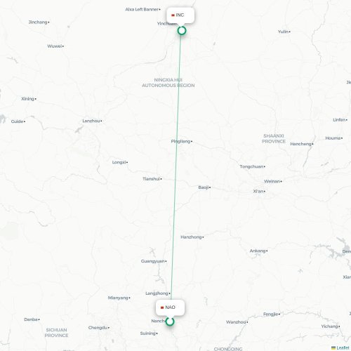 Mapa lotu bezpośredniego Nanchong – Yinchuan