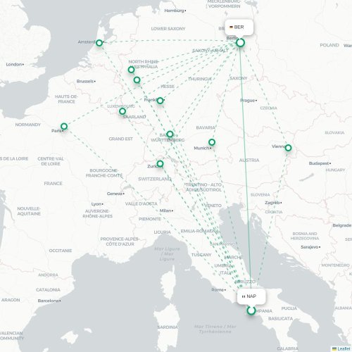 Mapa lotu bezpośredniego Neapol – Berlin