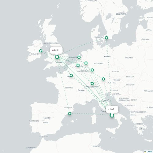 Mapa de vuelo directo Nápoles - Birmingham