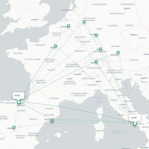 Mapa de vuelo directo Nápoles - Bilbao