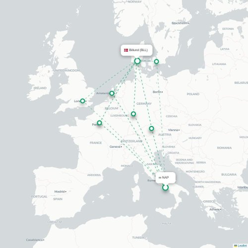 Mapa lotu bezpośredniego Neapol – Billund