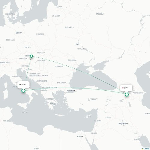 Mapa de vuelo directo Nápoles - Ereván