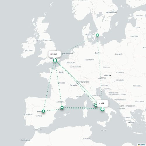 Mapa de vuelo directo Nápoles - Londres