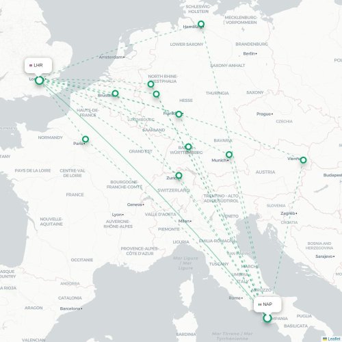 Mapa de vuelo directo Nápoles - Londres