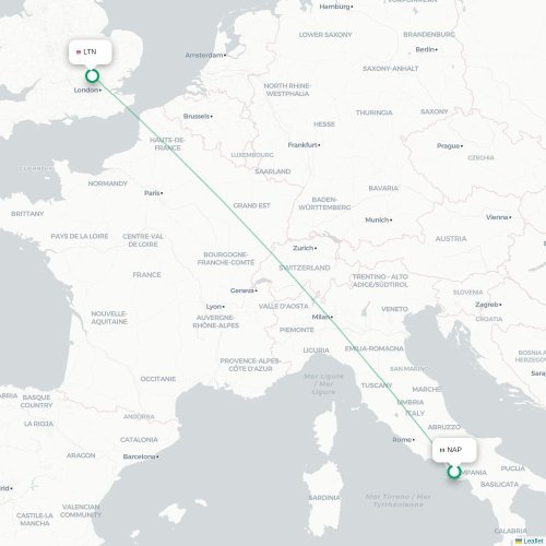 Mapa de vuelo directo Nápoles - Londres