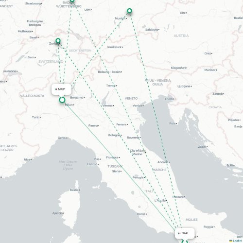Mapa lotu bezpośredniego Neapol – Mediolan