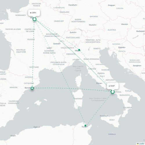 Mapa de vuelo directo Nápoles - París