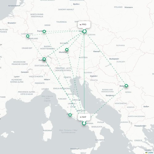 Mapa lotu bezpośredniego Neapol – Praga