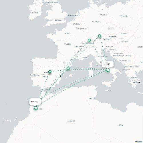 Mapa de vuelo directo Nápoles - Marrakech