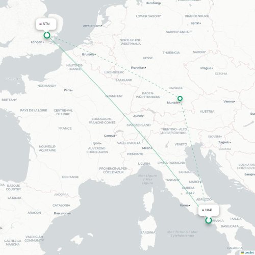 Mapa de vuelo directo Nápoles - Londres