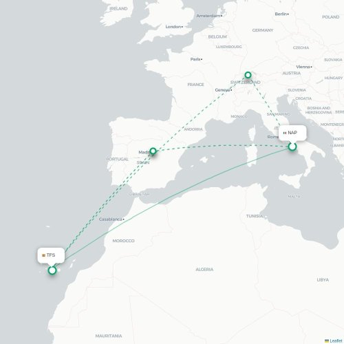 Mapa de vuelo directo Nápoles - Granadilla de Abona