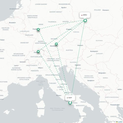 Mapa lotu bezpośredniego Neapol – Wrocław