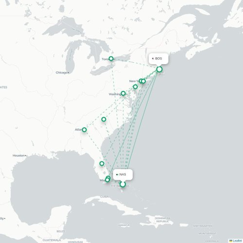 Mapa de vuelo directo Nasáu - Boston
