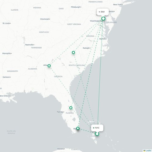 Mapa lotu bezpośredniego Nassau – Baltimore
