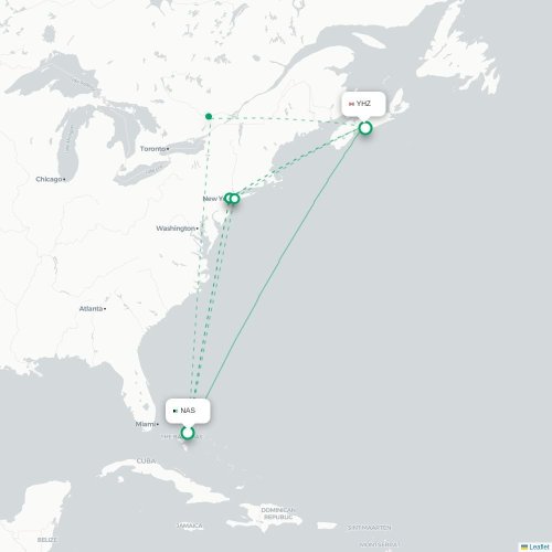 Mapa lotu bezpośredniego Nassau – Halifax