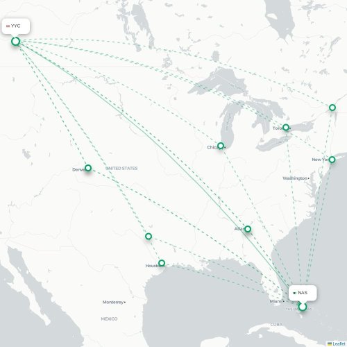 Mapa lotu bezpośredniego Nassau – Calgary