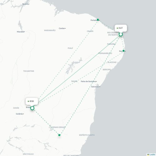 Mapa de vuelo directo Natal - Brasilia