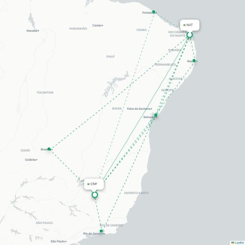 Mapa de vuelo directo Natal - Belo Horizonte