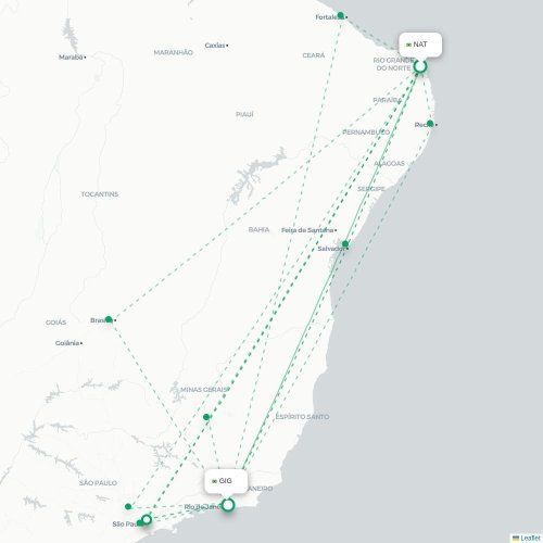 Mapa de vuelo directo Natal - Río de Janeiro
