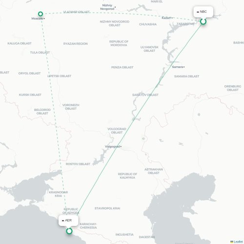 Mapa de vuelo directo Nizhnekamsk - Sochi