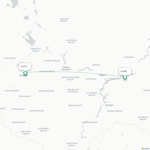 Mapa de vuelo directo Nizhnekamsk - Moscú