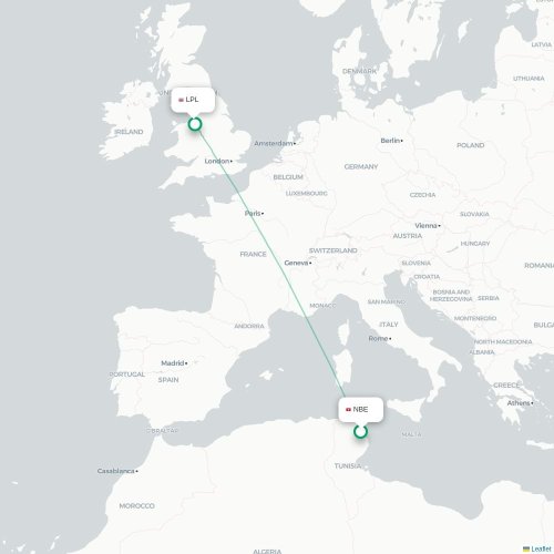 Mapa lotu bezpośredniego Enfidha – Liverpool