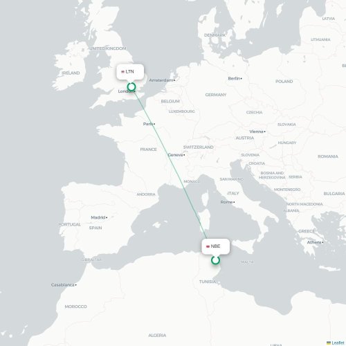 Mapa lotu bezpośredniego Enfidha – Londyn