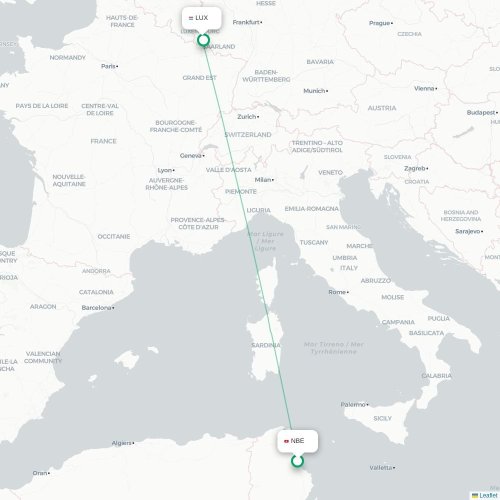 Mapa de vuelo directo Enfidha - Luxemburgo