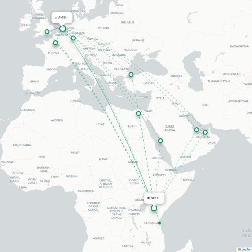Nairobi – Amsterdam suoran lennon kartta