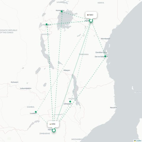 Mapa lotu bezpośredniego Nairobi – Harare