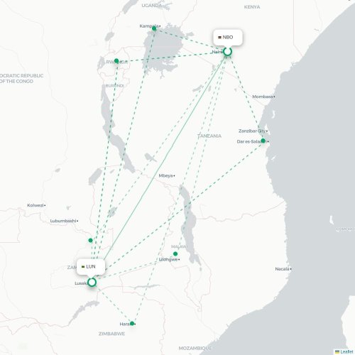 Nairobi - Lusaka kaart van rechtstreekse vlucht