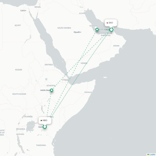 Nairobi - Sharjah karta över direktflyg