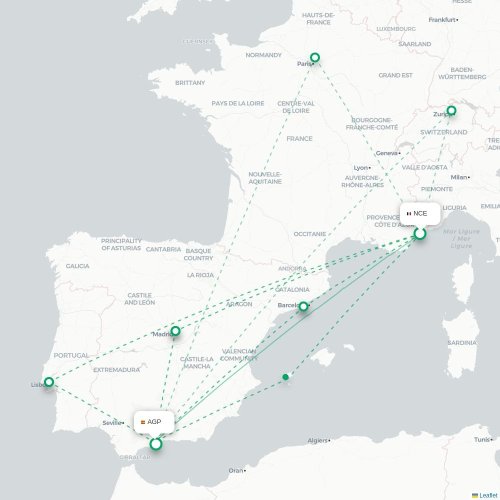 Mapa de vuelo directo Niza - Málaga