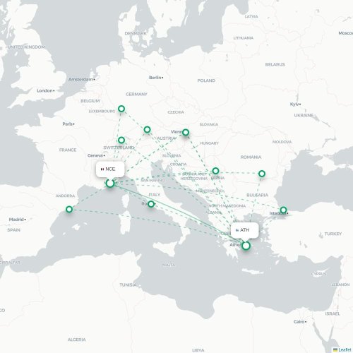 Mapa de vuelo directo Niza - Atenas