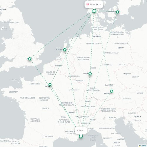 Mapa de vuelo directo Niza - Billund