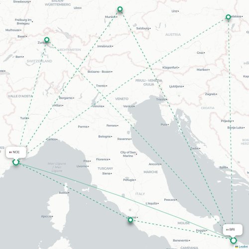 Mapa de vuelo directo Niza - Bari