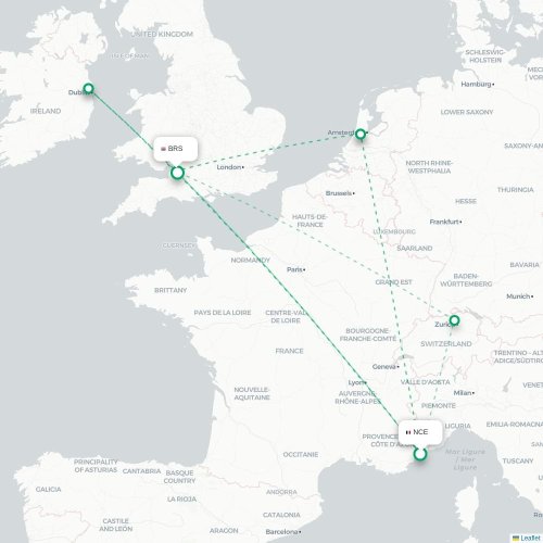 Mapa de vuelo directo Niza - Brístol