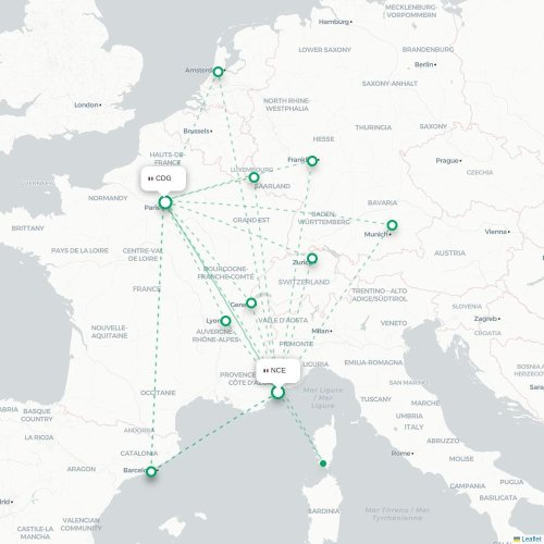 Mapa de vuelo directo Niza - París