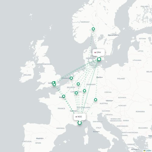 Mapa de vuelo directo Niza - Copenhague