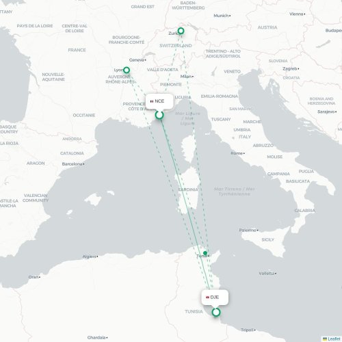 Mapa lotu bezpośredniego Nicea – Houmt Souk