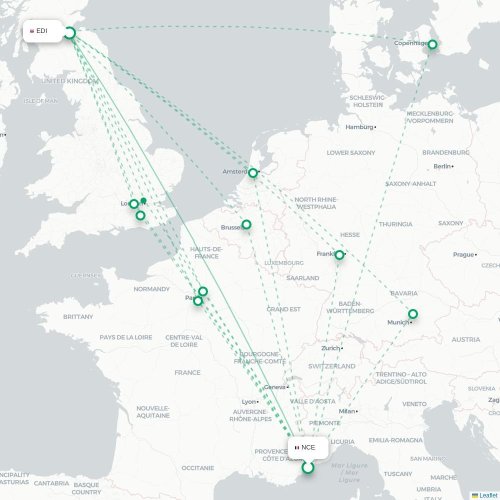 Mapa de vuelo directo Niza - Edimburgo