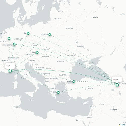 Mapa de vuelo directo Niza - Ereván