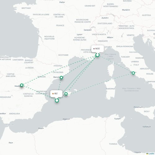 Mapa de vuelo directo Niza - Ibiza